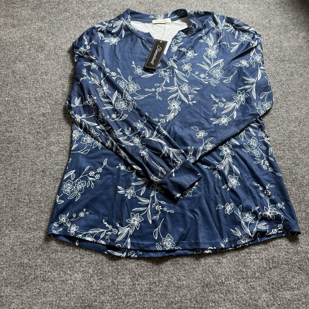 Fantaslook Long Sleeve Floral Top Blouse Women's Split V Neck Navy Blue NWT